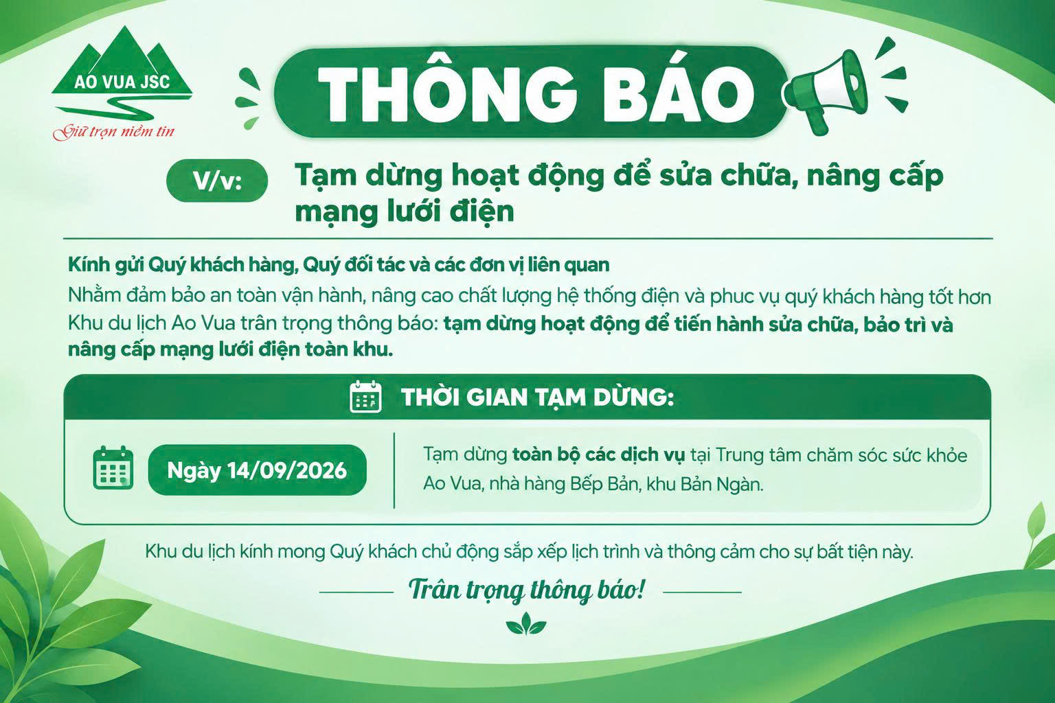 THÔNG BÁO LỊCH CẮT ĐIỆN
